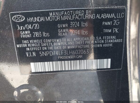 5NPD74LF3LH602063 2020 HYUNDAI ELANTRA Gray ძრავის განყოფილების ხედი