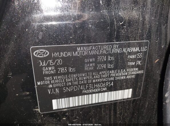 5NPD74LF3LH606954 2020 HYUNDAI ELANTRA Black Շարժիչի բաժամունքի տեսք
