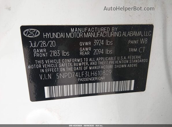 5NPD74LF3LH610809 2020 HYUNDAI ELANTRA White Widok komory silnika