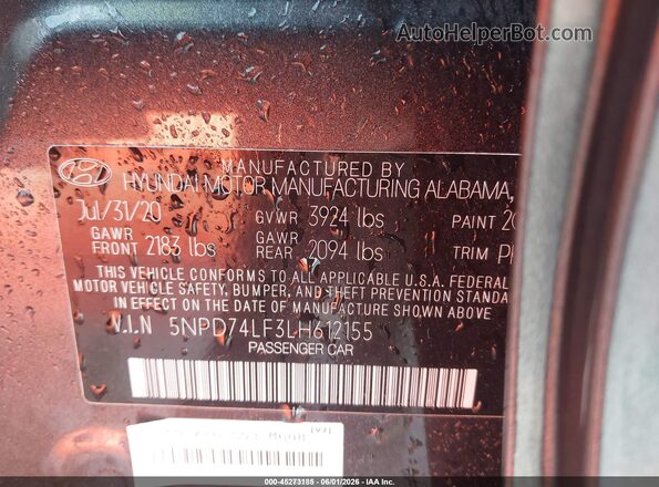 5NPD74LF3LH612155 2020 HYUNDAI ELANTRA Gray Engine compartment view