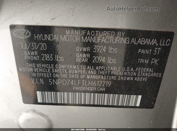 5NPD74LF3LH612219 2020 HYUNDAI ELANTRA Серебряный Вид подкапотного пространства