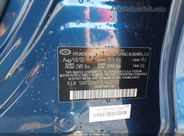 5NPD74LF3LH612723 2020 HYUNDAI ELANTRA Blue ძრავის განყოფილების ხედი