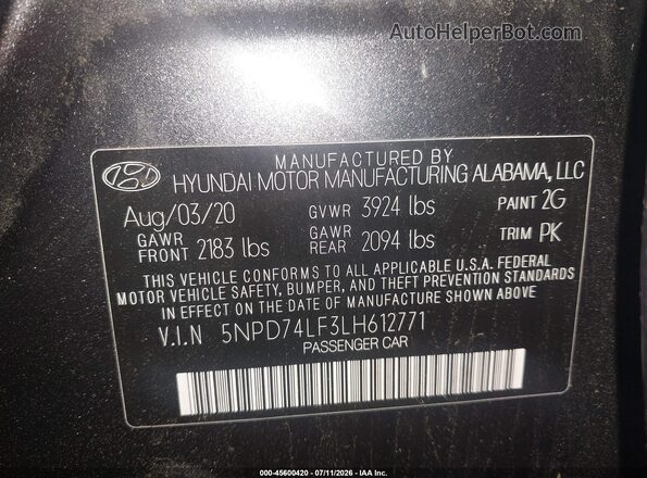 5NPD74LF3LH612771 2020 HYUNDAI ELANTRA Gray Widok komory silnika