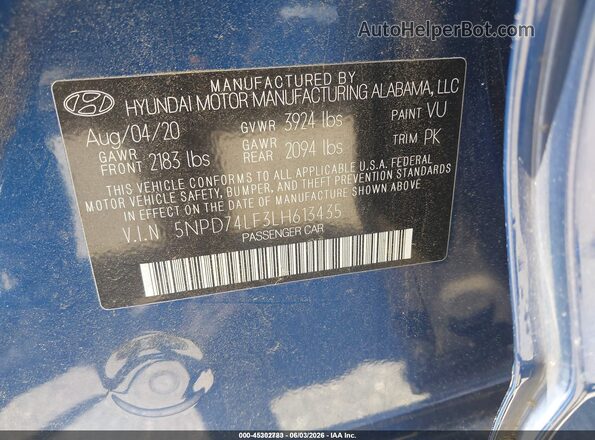 5NPD74LF3LH613435 2020 HYUNDAI ELANTRA Blue Вид підкапотного простору