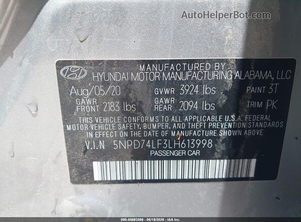 5NPD74LF3LH613998 2020 HYUNDAI ELANTRA Серебряный Вид подкапотного пространства