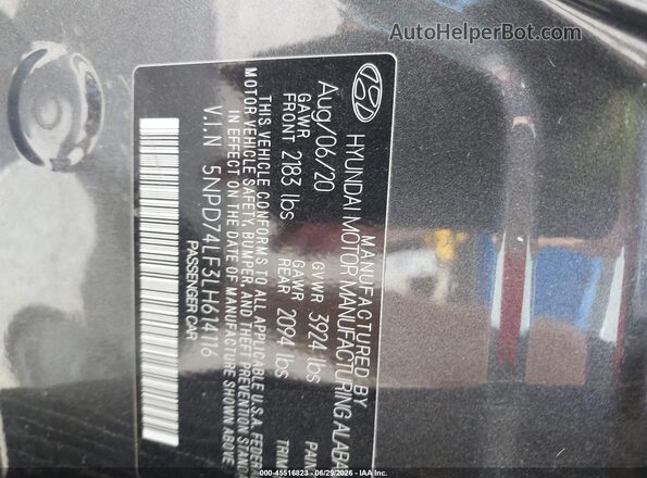 5NPD74LF3LH614116 2020 HYUNDAI ELANTRA Gray ძრავის განყოფილების ხედი