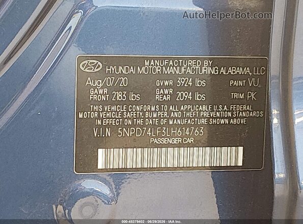 5NPD74LF3LH614763 2020 HYUNDAI ELANTRA Blue Вид підкапотного простору