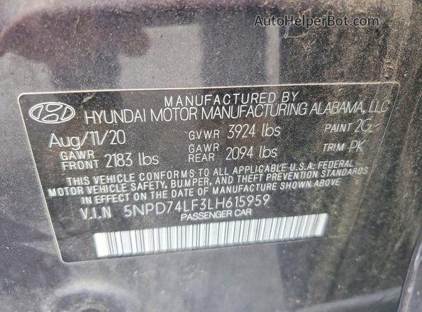 5NPD74LF3LH615959 2020 HYUNDAI ELANTRA Gray Engine compartment view