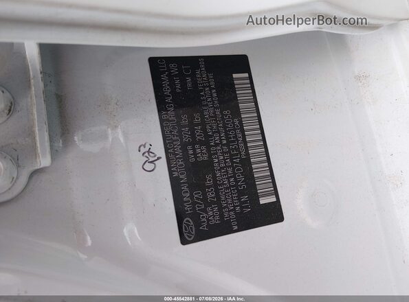 5NPD74LF3LH616058 2020 HYUNDAI ELANTRA White Widok komory silnika
