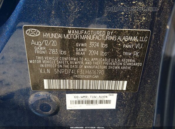 5NPD74LF3LH616190 2020 HYUNDAI ELANTRA Blue Vista del compartimento del motor