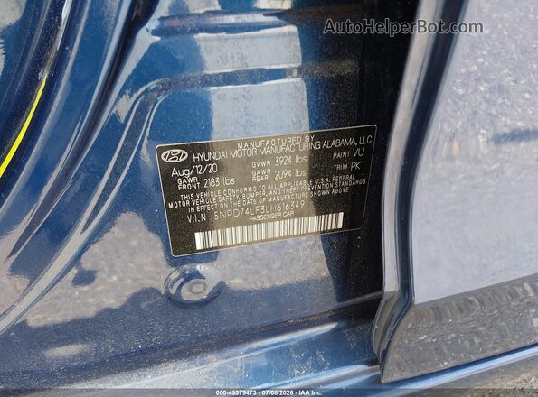 5NPD74LF3LH616349 2020 HYUNDAI ELANTRA Blue Widok komory silnika