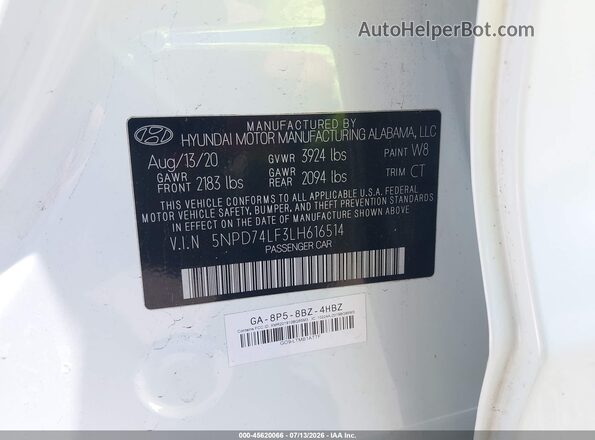 5NPD74LF3LH616514 2020 HYUNDAI ELANTRA White Vista del compartimento del motor