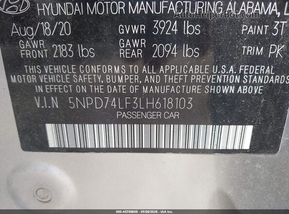 5NPD74LF3LH618103 2020 HYUNDAI ELANTRA Silver Widok komory silnika