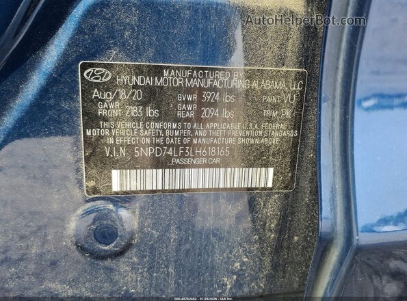 5NPD74LF3LH618165 2020 HYUNDAI ELANTRA Blue Vista del compartimento del motor