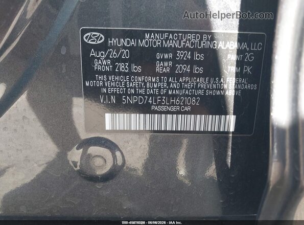 5NPD74LF3LH621082 2020 HYUNDAI ELANTRA Gray ძრავის განყოფილების ხედი