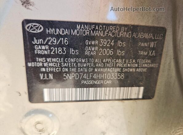 5NPD74LF4HH103358 2017 HYUNDAI ELANTRA Silver Вид наклейки з VIN-кодом
