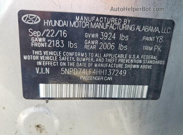 5NPD74LF4HH137249 2017 HYUNDAI ELANTRA Silver Вид наклейки з VIN-кодом