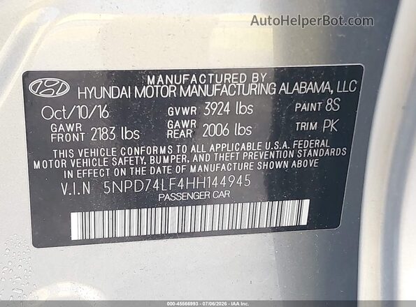 5NPD74LF4HH144945 2017 HYUNDAI ELANTRA Silver ძრავის განყოფილების ხედი