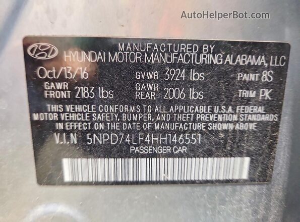 5NPD74LF4HH146551 2017 HYUNDAI ELANTRA Silver Vista de la etiqueta del VIN