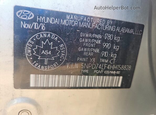 5NPD74LF4HH158828 2017 HYUNDAI ELANTRA Silver Widok naklejki z numerem VIN