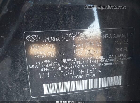5NPD74LF4HH167156 2017 HYUNDAI ELANTRA Black Vista del compartimento del motor