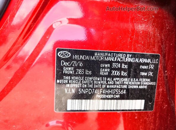 5NPD74LF4HH175564 2017 HYUNDAI ELANTRA Red ძრავის განყოფილების ხედი