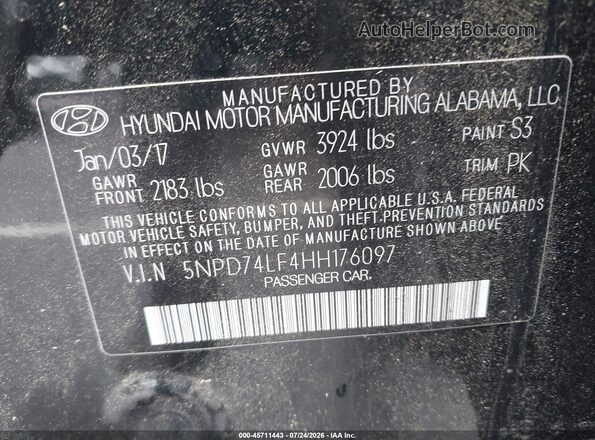 5NPD74LF4HH176097 2017 HYUNDAI ELANTRA Black Vista del compartimento del motor
