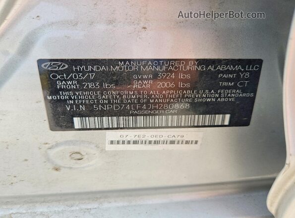 5NPD74LF4JH280868 2018 HYUNDAI ELANTRA Silver Вид підкапотного простору