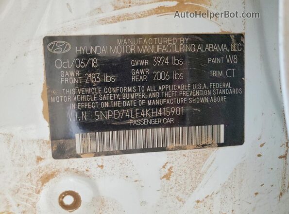 5NPD74LF4KH415901 2019 HYUNDAI ELANTRA Белый Вид наклейки с VIN-кодом