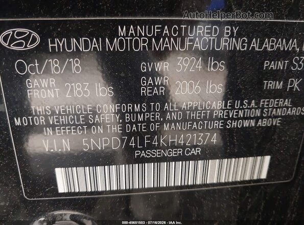 5NPD74LF4KH421374 2019 HYUNDAI ELANTRA Black Engine compartment view