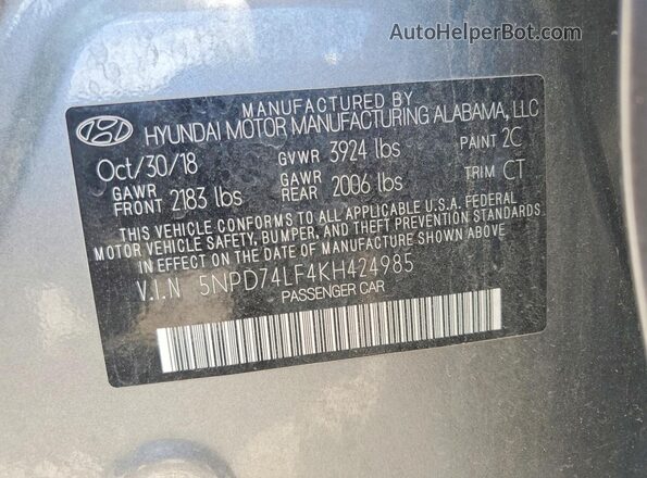 5NPD74LF4KH424985 2019 HYUNDAI ELANTRA Gray Engine compartment view