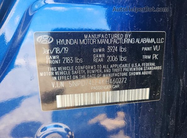 5NPD74LF4KH460272 2019 HYUNDAI ELANTRA Blue Widok komory silnika