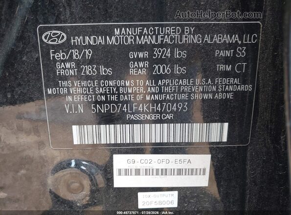 5NPD74LF4KH470493 2019 HYUNDAI ELANTRA Black Вид підкапотного простору