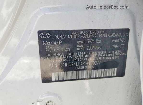 5NPD74LF4KH480277 2019 HYUNDAI ELANTRA White Вид наклейки з VIN-кодом
