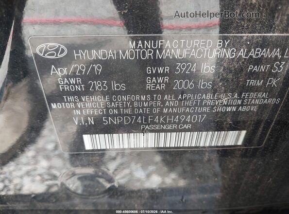 5NPD74LF4KH494017 2019 HYUNDAI ELANTRA Черный Вид подкапотного пространства