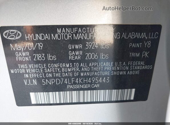 5NPD74LF4KH495443 2019 HYUNDAI ELANTRA Серебряный Вид подкапотного пространства