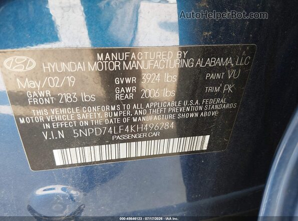 5NPD74LF4KH496284 2019 HYUNDAI ELANTRA Blue Widok komory silnika