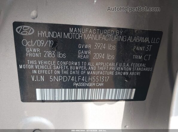 5NPD74LF4LH551317 2020 HYUNDAI ELANTRA Silver ძრავის განყოფილების ხედი