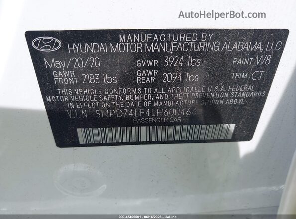 5NPD74LF4LH600466 2020 HYUNDAI ELANTRA White Engine compartment view