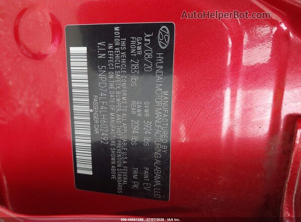 5NPD74LF4LH602492 2020 HYUNDAI ELANTRA Red Vista del compartimento del motor