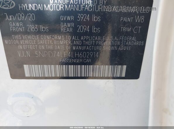 5NPD74LF4LH602914 2020 HYUNDAI ELANTRA White Vista del compartimento del motor