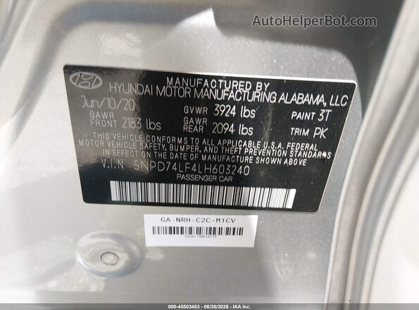5NPD74LF4LH603240 2020 HYUNDAI ELANTRA Silver Շարժիչի բաժամունքի տեսք