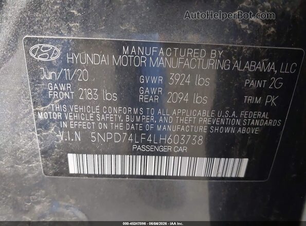 5NPD74LF4LH603738 2020 HYUNDAI ELANTRA Серый Вид подкапотного пространства