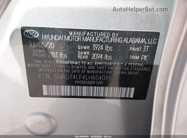 5NPD74LF4LH604095 2020 HYUNDAI ELANTRA Silver Vista del compartimento del motor