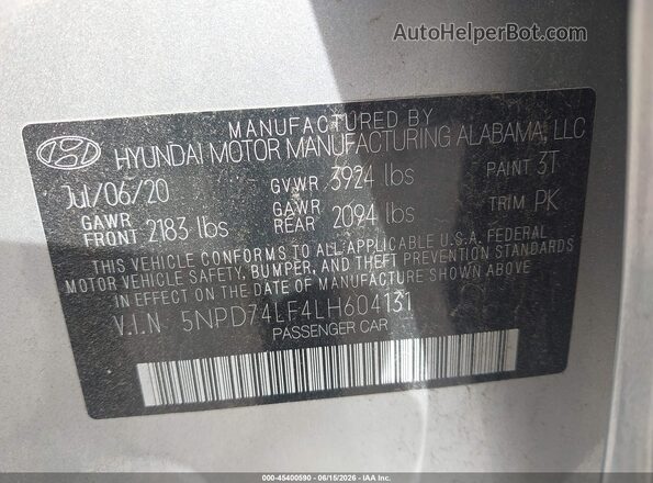 5NPD74LF4LH604131 2020 HYUNDAI ELANTRA Silver Вид підкапотного простору