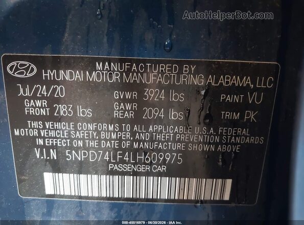 5NPD74LF4LH609975 2020 HYUNDAI ELANTRA Blue Vista del compartimento del motor