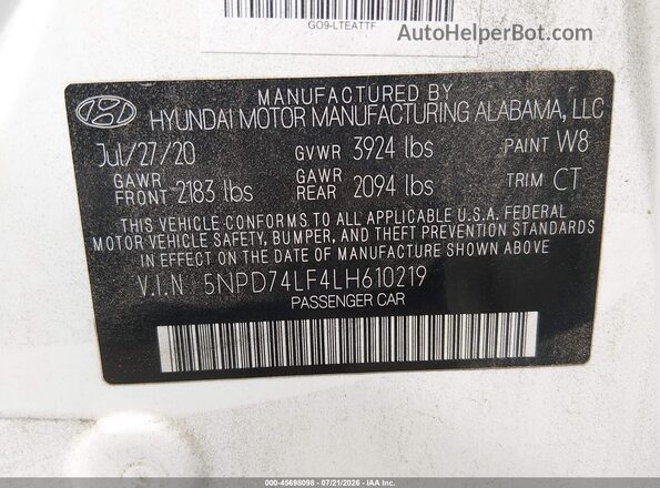 5NPD74LF4LH610219 2020 HYUNDAI ELANTRA White Widok komory silnika
