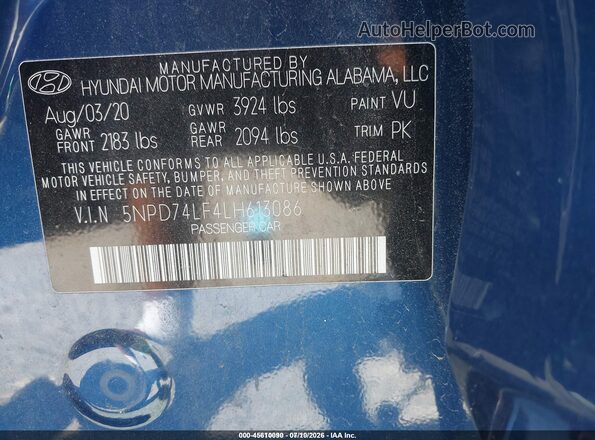 5NPD74LF4LH613086 2020 HYUNDAI ELANTRA Blue Widok komory silnika