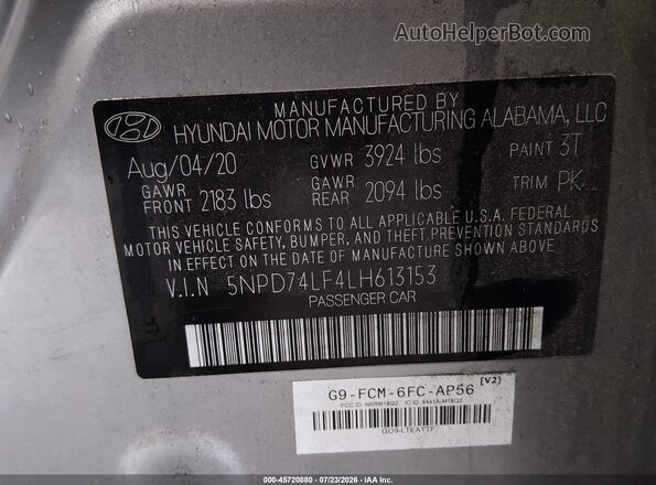 5NPD74LF4LH613153 2020 HYUNDAI ELANTRA Silver Vista del compartimento del motor