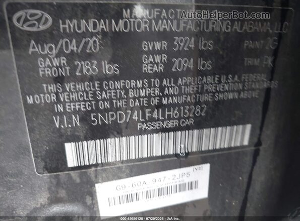 5NPD74LF4LH613282 2020 HYUNDAI ELANTRA Gray ძრავის განყოფილების ხედი